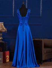 Evening Dresses Short, Elegant Blue Satin A-line Long Prom Dress , Bridesmaid Dress for Sale