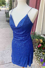 Homecoming Dress Website, Elegant Blue Sequined Short Homecoming Dress,Sexy Maxi Cocktail Dresses
