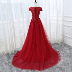 Prom Dresses With Slit, Elegant Cap Sleeve Lace Applique Tulle Party Dress, Prom Gowns