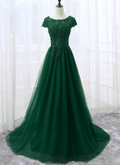 Prom Dress With Slit, Elegant Cap Sleeve Lace Applique Tulle Party Dress, Prom Gowns