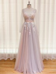 Elegant Dress For Women, Elegant Flower Lace Pink Party Dres,s Sexy V Neck Evening Dress Backless Tulle Prom Dress