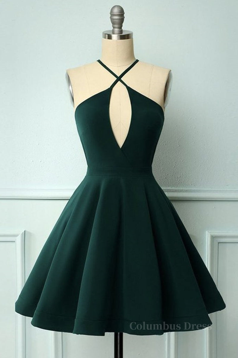 Formal Dresses For Ladies Over 55, Elegant Halter Neck Dark Green Short Prom Dress, Dark Green Formal Graduation Homecoming Dress
