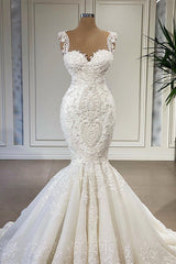 Wedding Dresses With Straps, Elegant Ivory Long Mermaid Sweetheart Ruffles Lace Wedding Dresses