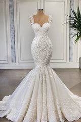 Wedding Dress With Strap, Elegant Ivory Long Mermaid Sweetheart Ruffles Lace Wedding Dresses