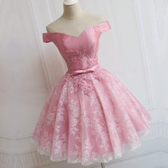 Prom Dress Shops Nearby, Elegant Lace Appliques Satin Off The Shoulder Homecoming Dress Short
