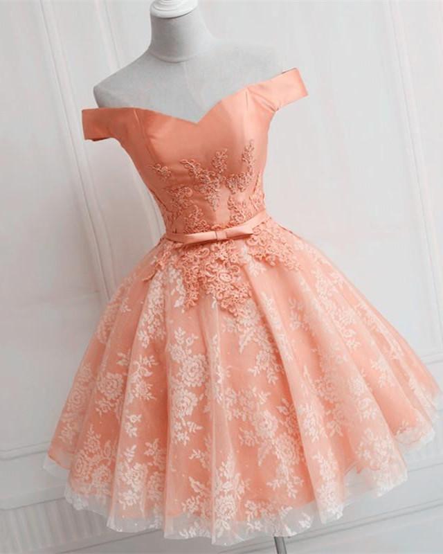 Prom Dress Corset, Elegant Lace Appliques Satin Off The Shoulder Homecoming Dress Short