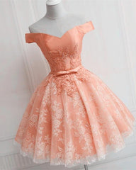 Prom Dress Corset, Elegant Lace Appliques Satin Off The Shoulder Homecoming Dress Short