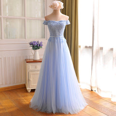Prom Dress Black, Elegant Light Blue Lace Applique Top Long Party Dress, Off Shoulder Bridesmaid Dress