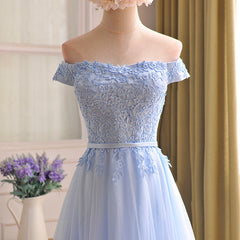 Open Back Prom Dress, Elegant Light Blue Lace Applique Top Long Party Dress, Off Shoulder Bridesmaid Dress