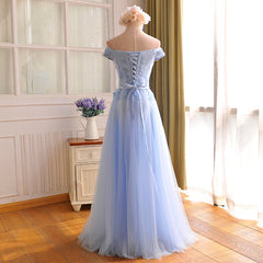 Prom Pictures, Elegant Light Blue Lace Applique Top Long Party Dress, Off Shoulder Bridesmaid Dress