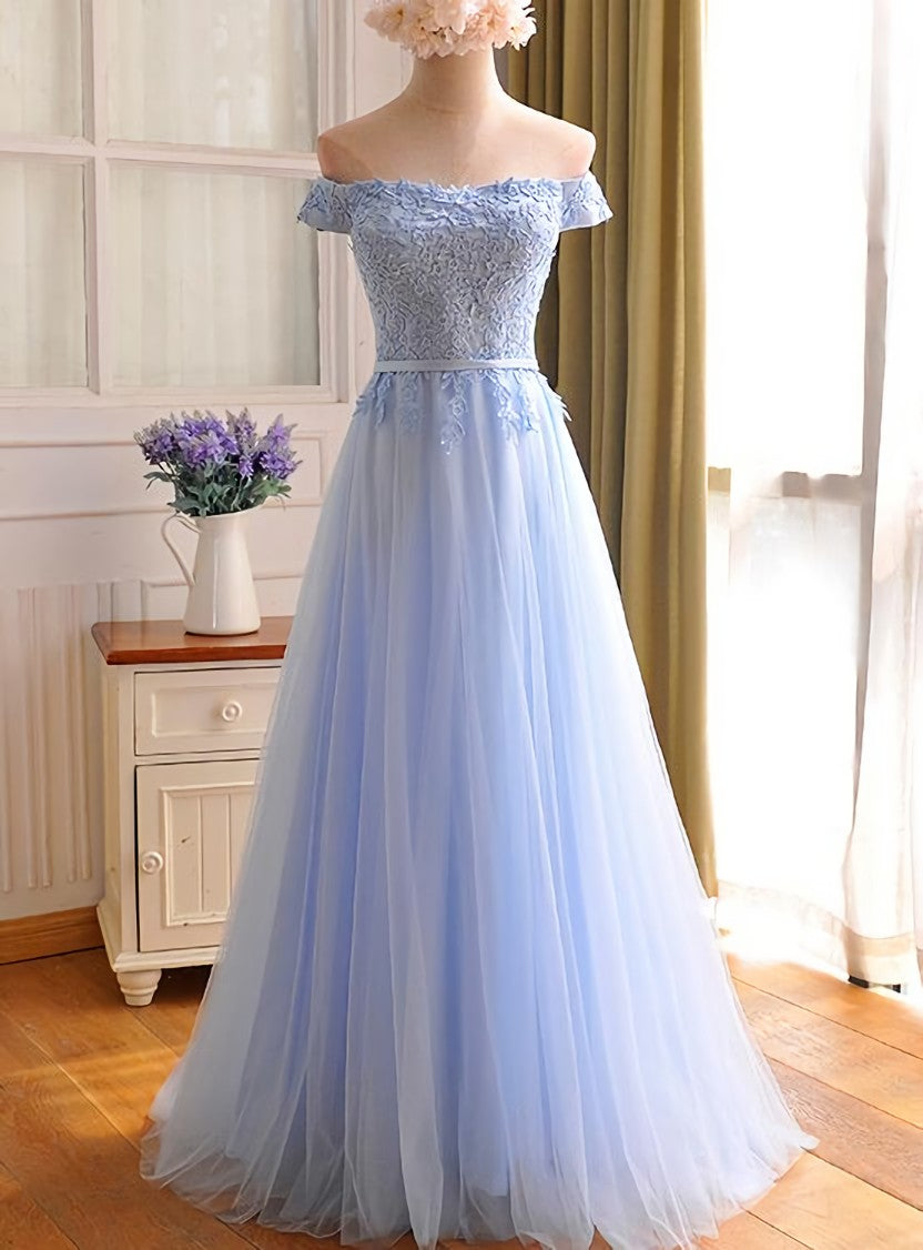 Summer Wedding Guest Dress, Elegant Light Blue Lace Applique Top Long Party Dress, Off Shoulder Bridesmaid Dress