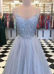 Prom Dresses Pieces, Elegant Light Blue Tulle V-neck Spaghetti Straps Lace Long Prom Dresses