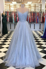 Prom Dress Piece, Elegant Light Blue Tulle V-neck Spaghetti Straps Lace Long Prom Dresses
