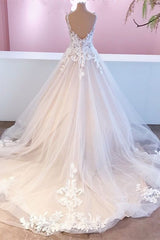 Wedding Dress Style, Elegant Long A-Line Appliques Lace Tulle Sweetheart Backless Wedding Dress