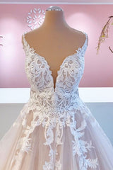 Wedding Dresses Ball Gown, Elegant Long A-Line Appliques Lace Tulle Sweetheart Backless Wedding Dress
