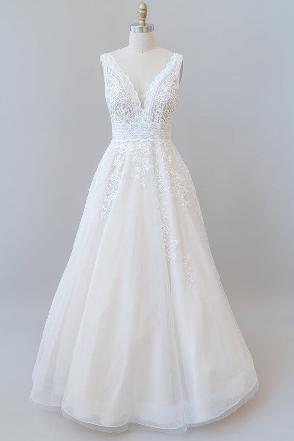 Wedding Dress Ball Gowns, Elegant Long A-line V-neck Appliques Lace Tulle Backless Wedding Dress