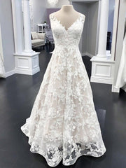 Wedding Dresses For Bride Boho, Elegant Long A Line V Neck Floral Lace Wedding Dresses