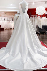 Wedding Dress Fabric, Elegant Long A-line V Neck Satin Ruffles Open Back Wedding Dresses