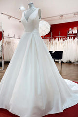 Wedding Dresses Fabric, Elegant Long A-line V Neck Satin Ruffles Open Back Wedding Dresses