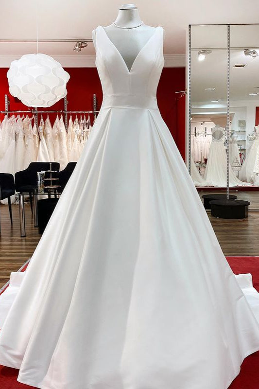 Wedding Dress Fabrics, Elegant Long A-line V Neck Satin Ruffles Open Back Wedding Dresses