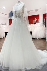 Wedding Dress Order Online, Elegant Long A-line V Neck Tulle Lace Open Back Wedding Dress