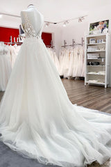 Wedding Dresses Lace Beach, Elegant Long A-line V Neck Tulle Lace Open Back Wedding Dress