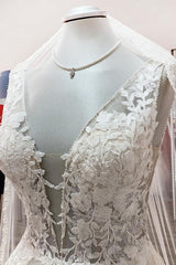 Wedding Dress Lace A Line, Elegant Long A-line V Neck Tulle Lace Open Back Wedding Dress