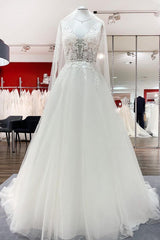 Wedding Dresses A Line Sleeves, Elegant Long A-line V Neck Tulle Lace Open Back Wedding Dress