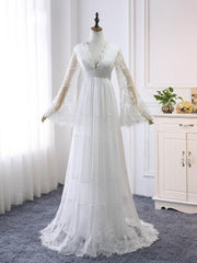 Wedding Dresses Outlet, Elegant Long A-line V-Neck Tulle Lace Wedding Dresses with Sleeves