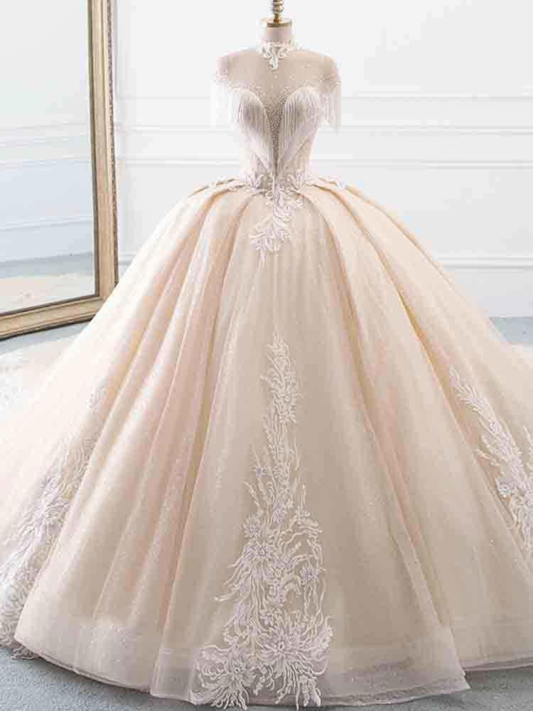 Wedding Dress For Dancing, Elegant Long Ball Gown High Neck Tassel Sleeves Tulle Wedding Dresses