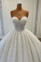 Wedding Dress V, Elegant Long Ball Gown Sweetheart Sleeveless Sequined Tulle Lace Wedding Dresses