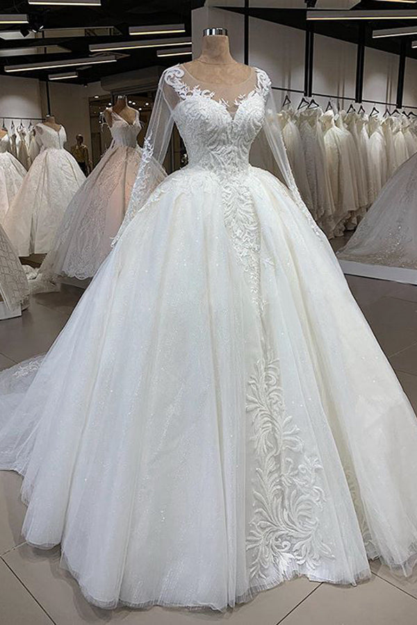 Wedding Dresses Lace Tulle, Elegant Long Ball Gown Sweetheart Tulle Wedding Dress with Sleeves