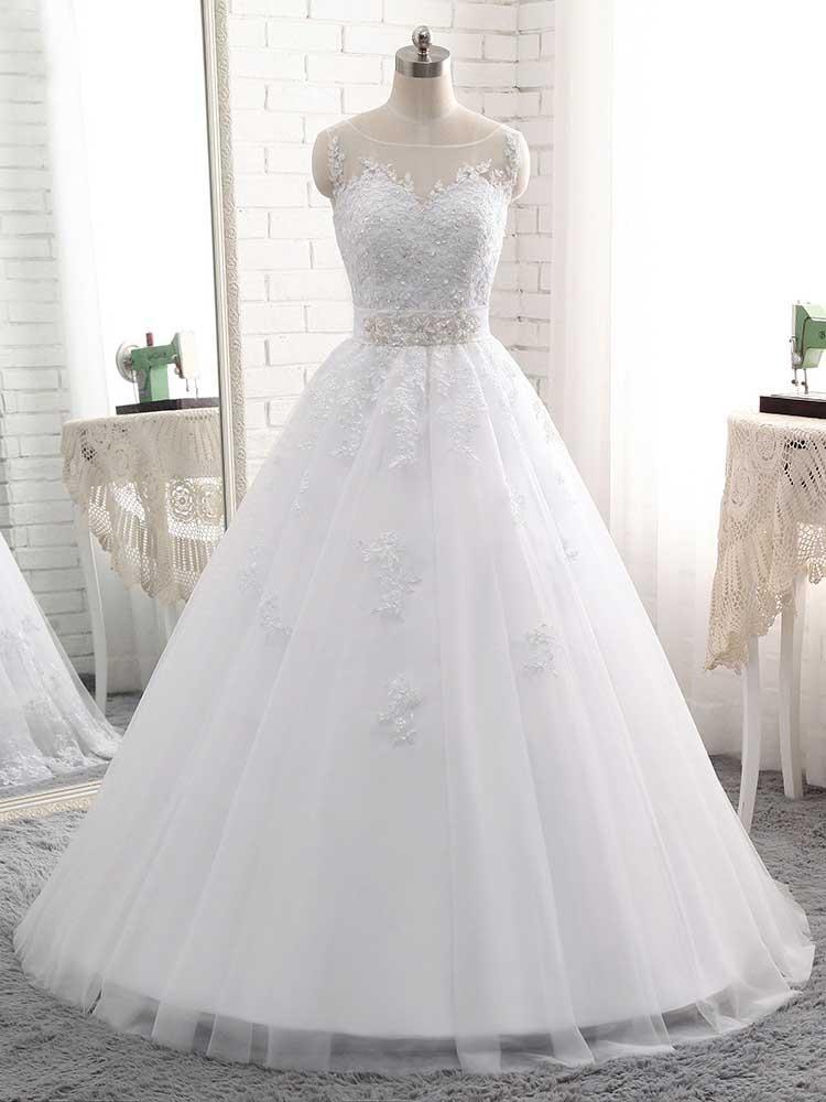 Wedding Dress For Spring, Elegant Long Ball Gown Tulle Lace-Up White Wedding Dresses