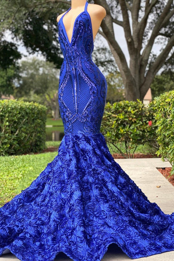 Party Dress For Christmas, Elegant Long Mermaid Halter Satin Lace Backless Prom Dresses