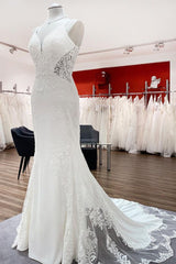 Wedding Dress Shoulder, Elegant Long Mermaid Spaghetti Straps Lace Satin Open Back Wedding Dress