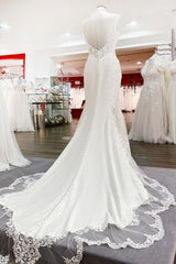 Wedding Dress Diet, Elegant Long Mermaid Spaghetti Straps Lace Satin Open Back Wedding Dress