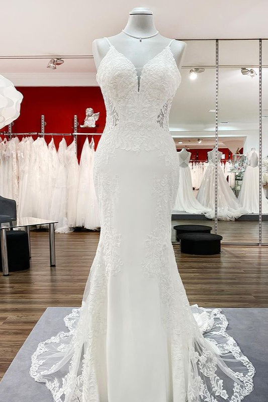 Wedding Dresses Shoulder, Elegant Long Mermaid Spaghetti Straps Lace Satin Open Back Wedding Dress