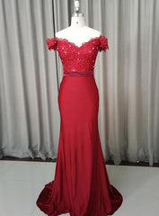 Evening Dress For Sale, Elegant Long Mermaid Spandex Off Shoulder Party Dress, Wine Red Bridesmaid Dress