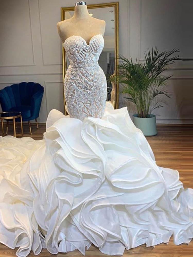 Wedding Dresses Sleeved, Elegant Long Mermaid Sweetheart Lace Up Crystal Wedding Dresses