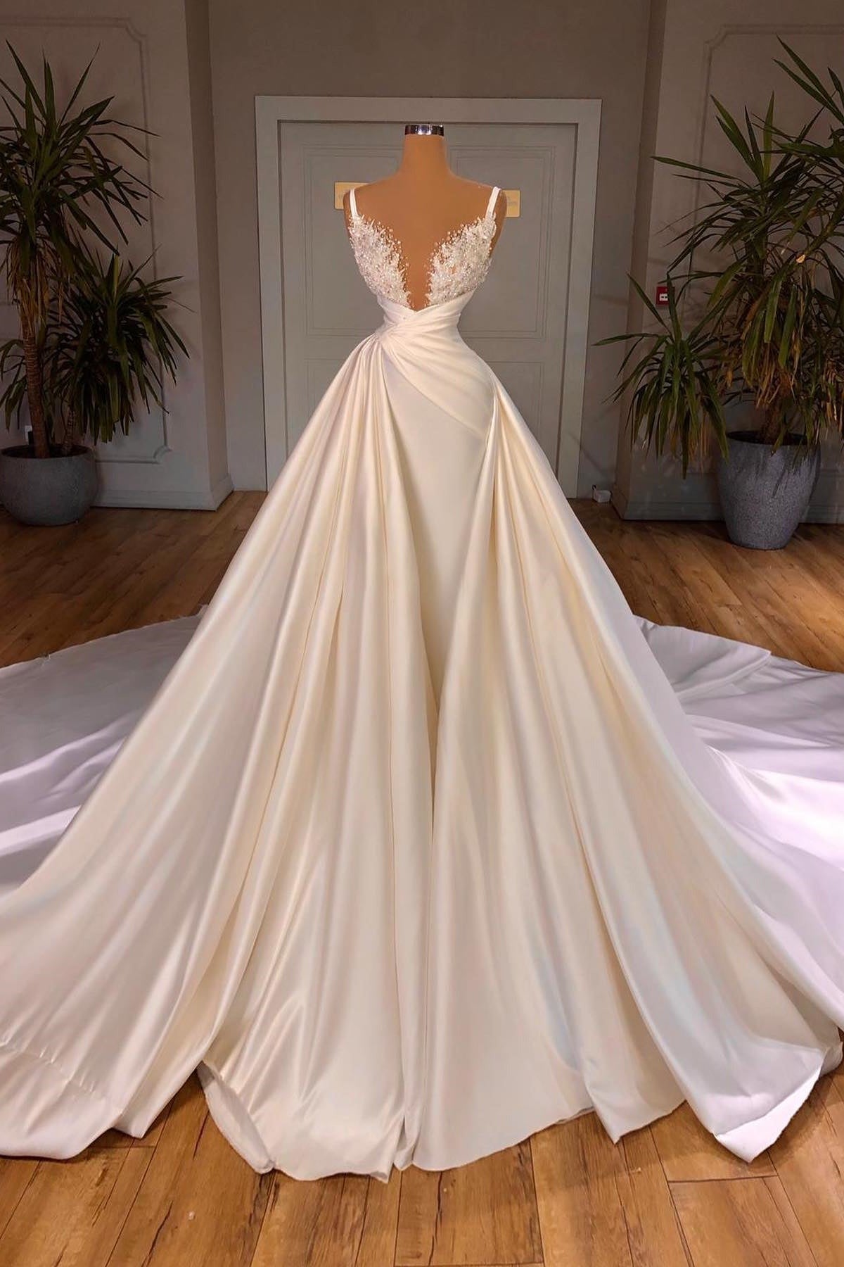 Wedding Dresses For Maids, Elegant Long Mermaid V-neck Spaghetti Strap Satin Lace Wedding Dress