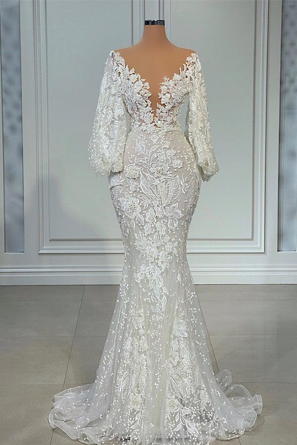 Wedding Dresses A Line Romantic, Elegant Long Mermaid V-neck Tulle Lace Wedding Dress with Sleeves