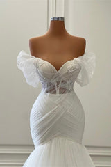 Wedding Dresses On A Budget, Elegant Off the Shoulder Floor Length Mermaid Tulle Wedding Dress