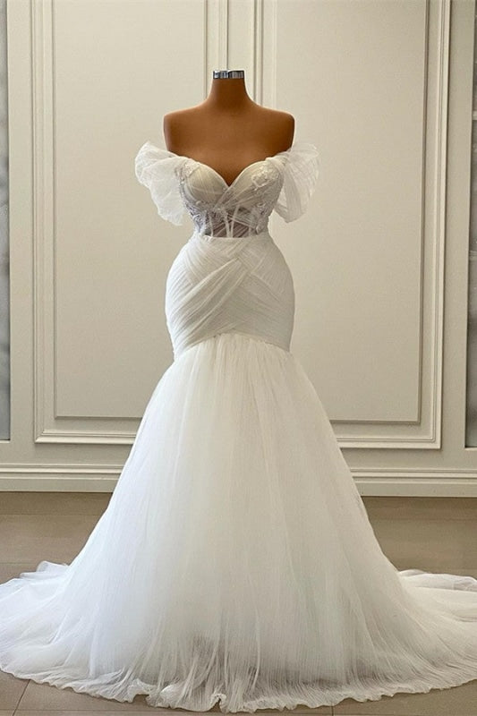 Wedding Dress Boutiques, Elegant Off the Shoulder Floor Length Mermaid Tulle Wedding Dress