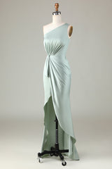 Homecoming Dresses Silk, Elegant One Shoulder Matcha Ruched Long Bridesmaid Dress