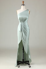 Homecoming Dresses Laces, Elegant One Shoulder Matcha Ruched Long Bridesmaid Dress
