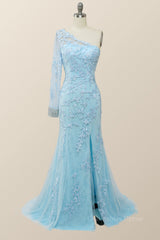 Party Dresses Winter, Elegant One Sleeve Light Blue Lace Mermaid Long Formal Dress