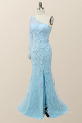 Party Dresses Australia, Elegant One Sleeve Light Blue Lace Mermaid Long Formal Dress