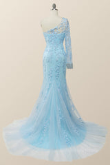 Party Dress Australian, Elegant One Sleeve Light Blue Lace Mermaid Long Formal Dress