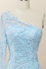 Party Dress Australia, Elegant One Sleeve Light Blue Lace Mermaid Long Formal Dress