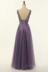Bridesmaids Dress Pink, Elegant Purple A-line Tulle Long Formal Dress